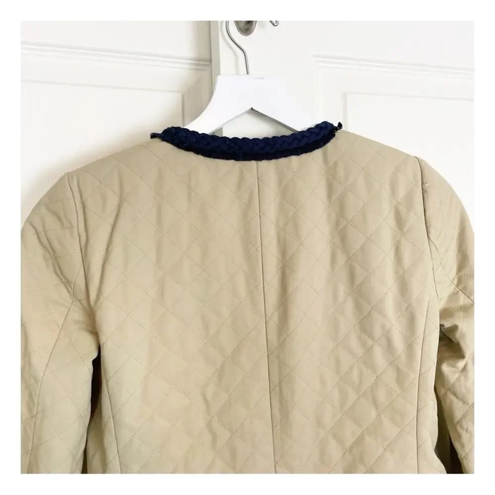 J.Crew Quilted Crop Lady Jacket Tan Braided Fringe Trim Blazer Sz 00